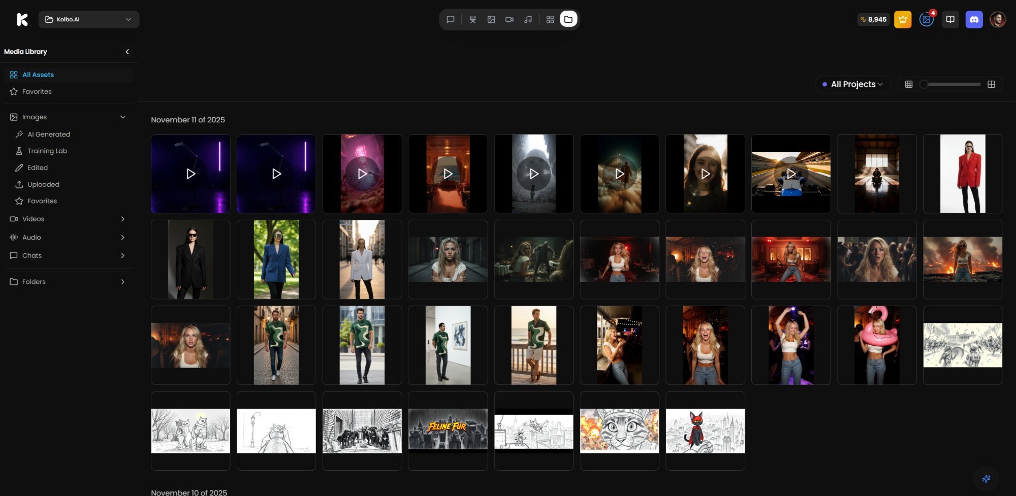 Kolbo.AI Media Library interface showing organized AI-generated content